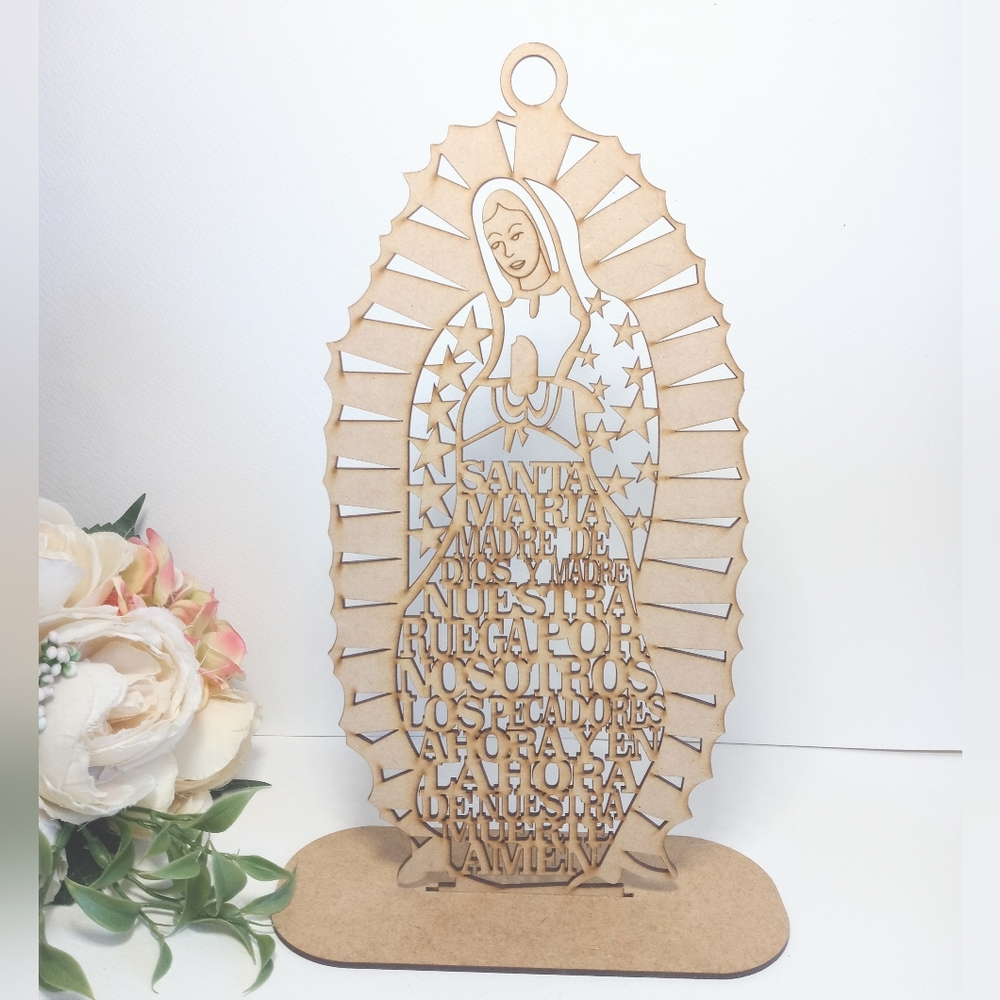 Virgin Mary. Wooden Virgin of Guadalupe Centerpiece. Wood Catholic Party favors.